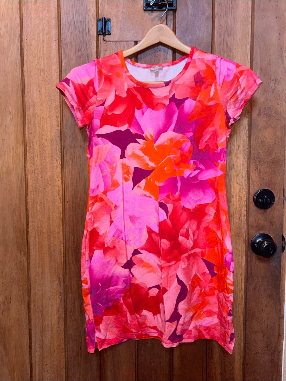 T by Talbots Orange, Fuchsia & Red Floral Tee Shirt Dress
